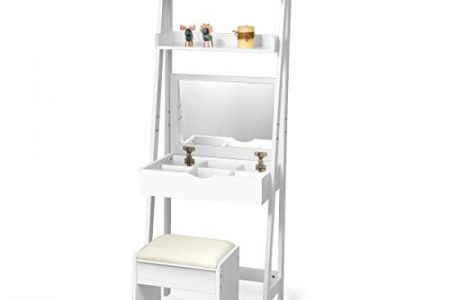Tocador blanco con espejo y taburete